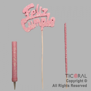 ADORNO DE TORTA SET FELIZ CUMPLE CON BENGALA Y VELA GIBRE ROSA x 1